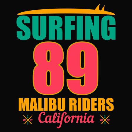 Vector illustration on the theme of surfing and surf in California, Malibu. Number sport typographyのイラスト素材