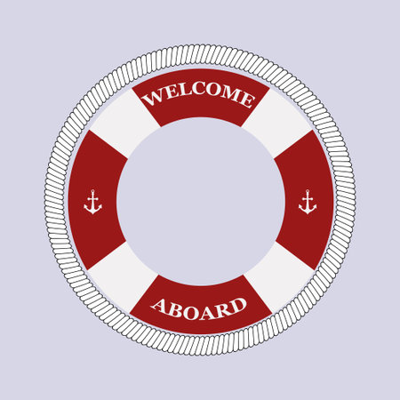 Lifebuoy with ropes, vector illustration, isolated background, cartoon style. Welcome aboard. Marine, nautical theme, equipment for safety on the water, in the sea, ocean.のイラスト素材