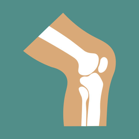 Knee joint icon. Knee bones graphic sign. Symbol human joint in the circle isolated on blue background. Flat designのイラスト素材