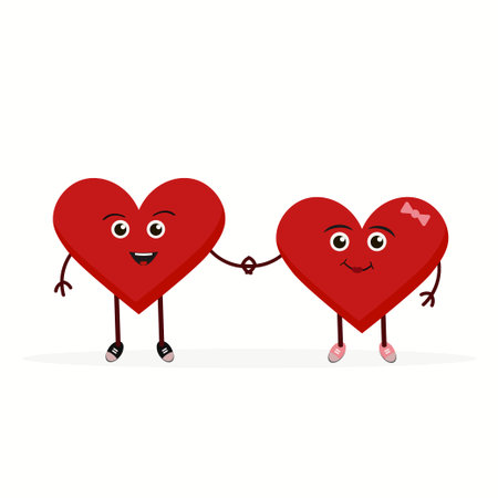 Cute love symbols with faces different poses, hands and feet, February romantic holiday signs, funny positive emotions, internet emoji stickers emoticonのイラスト素材