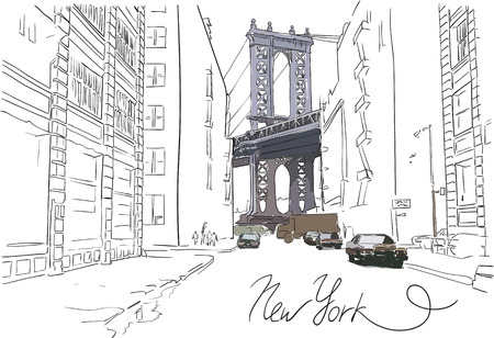 Hand drawn partly colored Manhattan bridge with street vector illustrationのイラスト素材