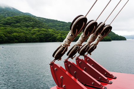 close up Sail ship ropes on tourist cruise in japanの写真素材