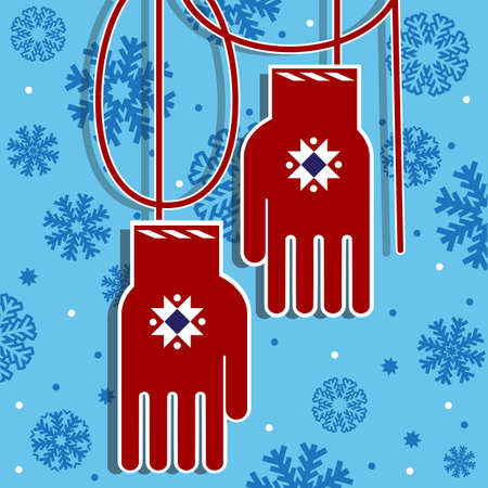 Red gloves with folklore elements on a snowflake backgroundのイラスト素材