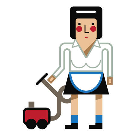Illustration of a woman with chambermaid uniform and a vacuum-cleaner isolated on white backgroundのイラスト素材
