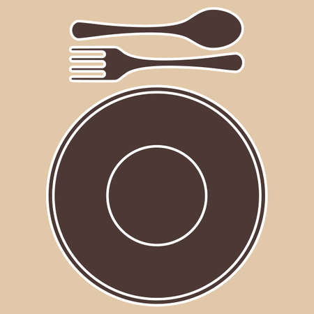 Fork, spoon and plate silhouettes, isolated on light background のイラスト素材