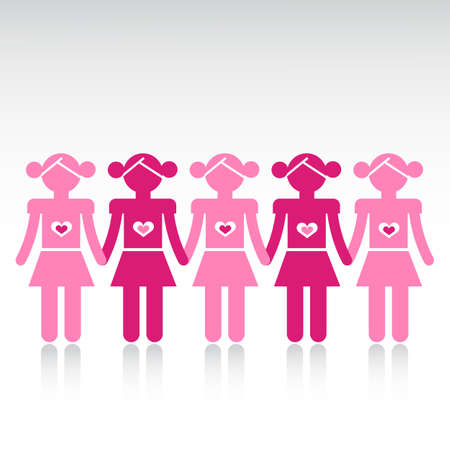 Girl silhouettes holding hands in a row, isolated on light background のイラスト素材