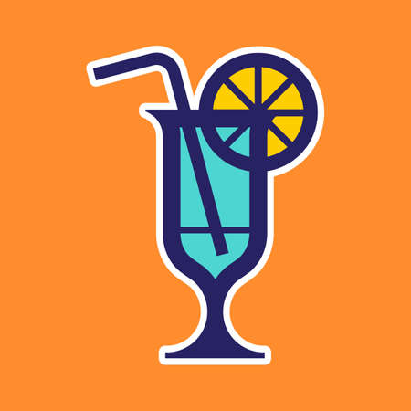 Cocktail glass illustration with lemon slice and a straw on color background.のイラスト素材