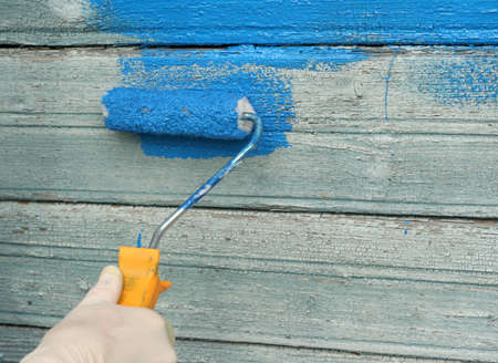 old house walls renovation with light blueの写真素材