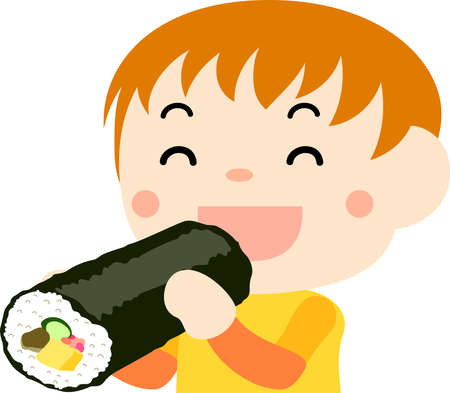 This is an illustration of a person eating Sushi roll called Ehomaki.のイラスト素材