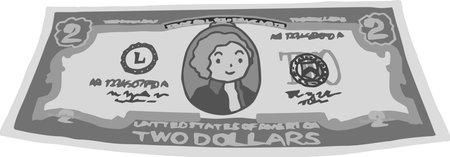 This is an illustration of a crooked two dollar US banknote.