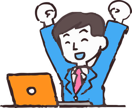 This is an Analog style illustration of working man and laptop PC.のイラスト素材