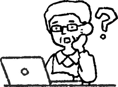 This is an analog-style illustration of an elderly man using a PC.のイラスト素材