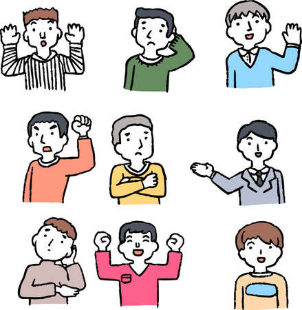 This is an Analog-style illustrations of men emotional expression.のイラスト素材