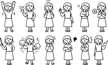 This is an Illustration of a Woman face and pose set.のイラスト素材