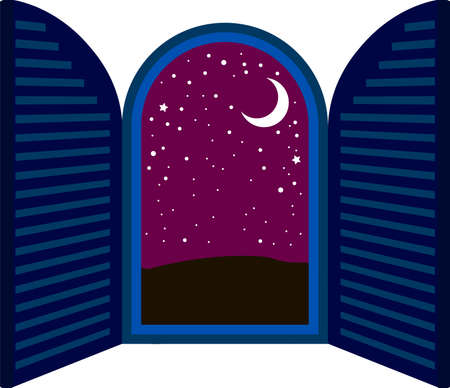 This is a illustration of Open window frame at nightのイラスト素材