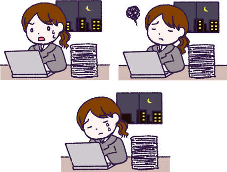 This is a illustration of cute Female employee working overtimeのイラスト素材