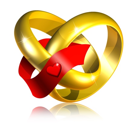 Connected Golden Wedding Rings with Red Ribbon-3dの写真素材