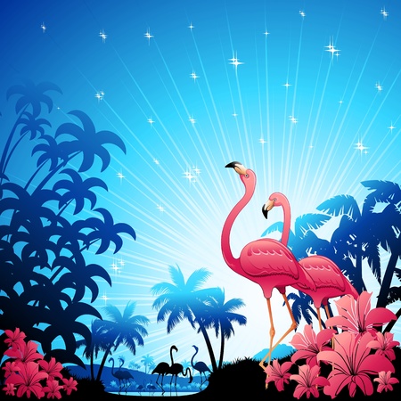Pink Flamingos on Blue Tropical Landscapeのイラスト素材