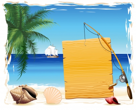 Wooden Panel and Fishing Rod on Tropical Beachのイラスト素材