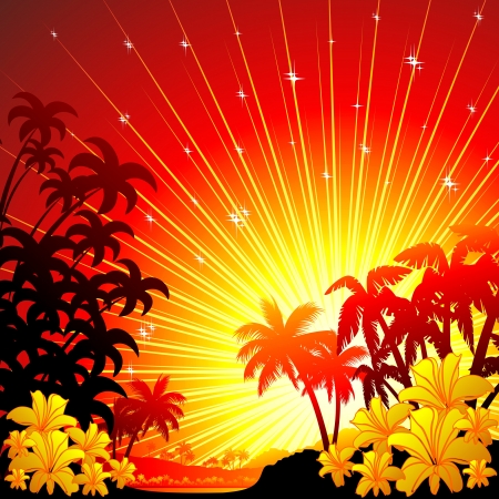 Red and Golden Sunset on Tropical Seascapeのイラスト素材