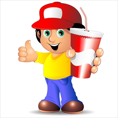 Boy Cartoon with Drink on Paper Cup with strawのイラスト素材