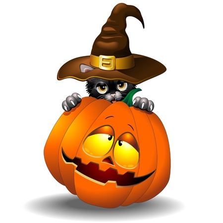 Halloween Black Kitten Cartoon With Pumpkinのイラスト素材