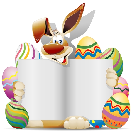 Easter Bunny Cartoon with Greeting Card and Eggsのイラスト素材
