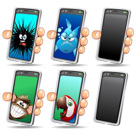 Set of Fun Selfie Animals Cartoon Faces on Smartphoneのイラスト素材