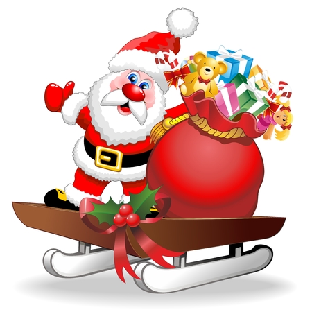 Santa Cartoon and Gifts on Christmas Sleighのイラスト素材