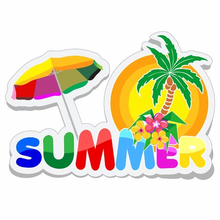 Summer Sticker with Text, Palmtree, Flowers and Parasol.のイラスト素材