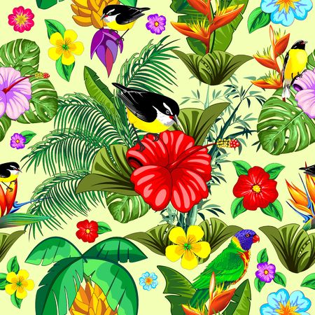 Birds and Nature Floral Exotic Seamless Pattern Vector Designのイラスト素材