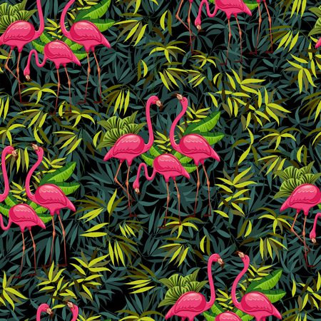 Pink Flamingos on Tropical Nature Seamless Pattern Vector Designのイラスト素材