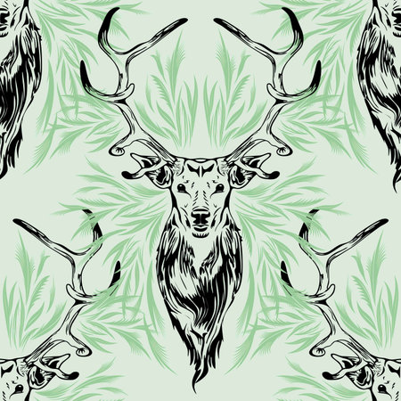 Deer Portrait Black Stroke on Green Seamless Pattern Vector Designのイラスト素材
