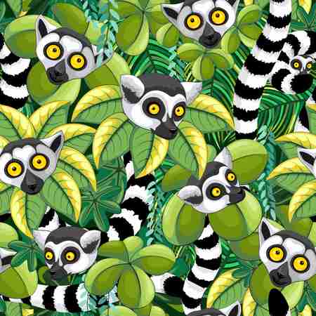 Lemurs of Madagascar in Exotic Jungle Seamless Pattern Vector Textile Designのイラスト素材