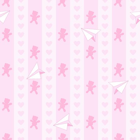 Teddy Bear Hearts and Plane Paper Cute Baby Dream Girl Vector Seamless Patternのイラスト素材