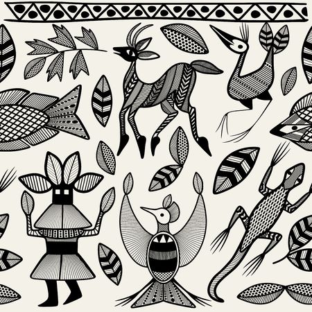 African Senufo Tribal Korhogo Ethnic Art Seamless Patternのイラスト素材