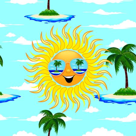 Summer Sun Cartoon with Sunglasses Beach Reflections Seamless Pattern Vector Illustration