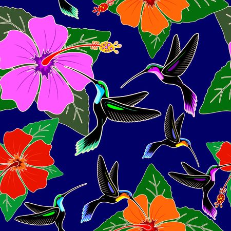 Hummingbird and Hibiscus Flower Exotic Vector Seamless Pattern Designのイラスト素材