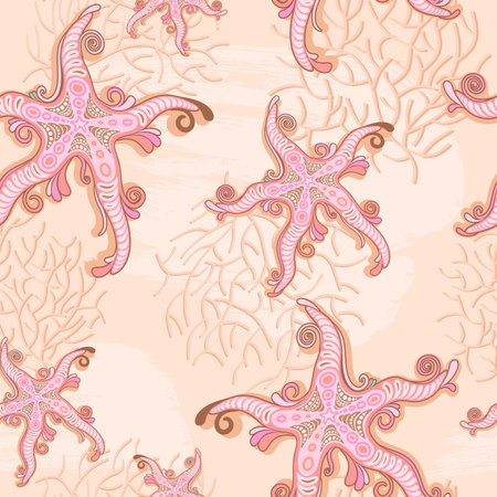 Starfish and Coral Pink Pastel Vector Seamless Pattern Designのイラスト素材
