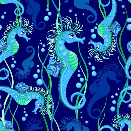 Seahorse Cute Blue Sea Animal Vector Seamless Pattern Textile Designのイラスト素材