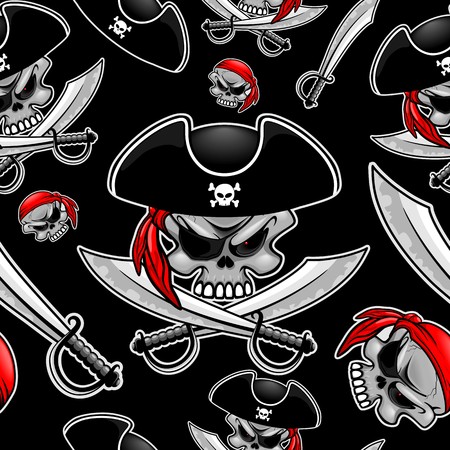 Pirate Captain Skull with Crossed Sabers Vector Seamless Patternのイラスト素材