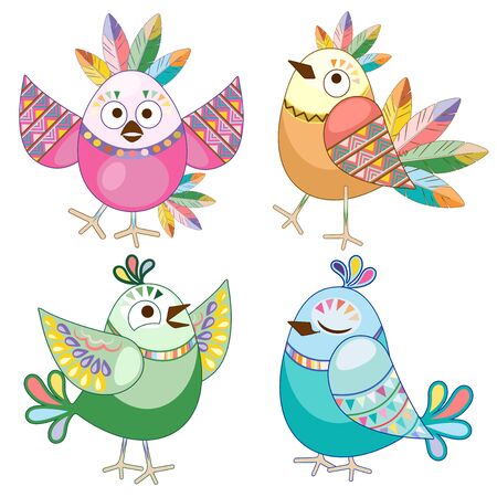 Cute Ethnic Flat Cartoon Birds Characters Vector Illustration isolated on whiteのイラスト素材