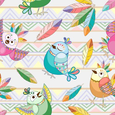 Birds Cute Ethnic Characters Vector Seamless Pattern Textile Designのイラスト素材