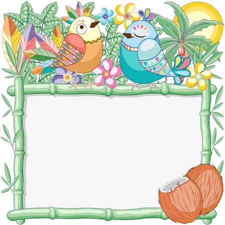Cuties Birds on Bamboo Summer Frame Vector Background Illustrationのイラスト素材