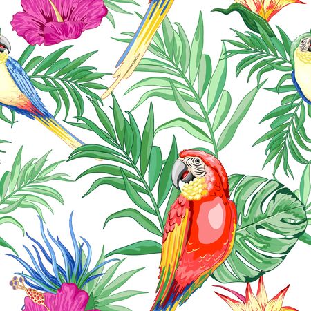 Macaws Parrot Exotic Birds and Nature Summer Vector Seamless Pattern Textile Designのイラスト素材