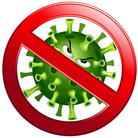 Coronavirus Evil Virus Cartoon Character with Forbidden Stop Sign Vector illustration isolated on white.のイラスト素材