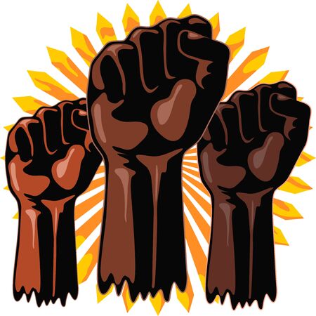 Black Power Raised Fists Symbols Slogan on Abstract yellow sun Vector Illustrationのイラスト素材