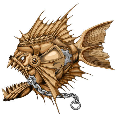 Steampunk Piranha Killer Retro Machine with Big Jaws Vector illustration isolated on white.のイラスト素材
