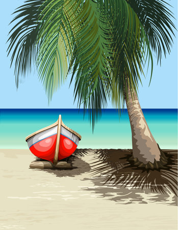 Boat on Sunny Tropical Beach Tranquil Exotic Scenery Vector illustrationのイラスト素材