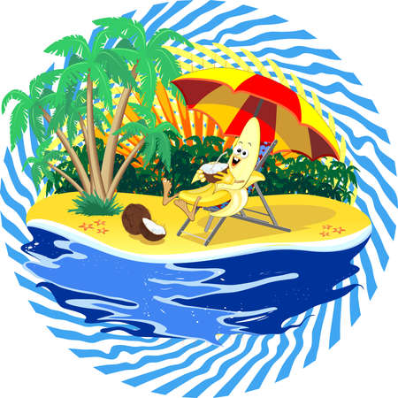 Banana Cartoon Character Relax on Summer Tropical Beach with Coconut Water Drink Vector Illustrationのイラスト素材